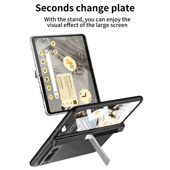 For Google Pixel Fold Magnetic Hinge Protection Phone Case PU Leather+PC Cover with Tempered Glass Film - Leather Texture / Silver - 5
