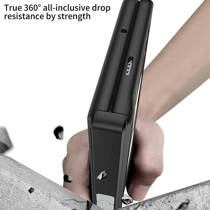 For Google Pixel Fold Magnetic Hinge Protection Phone Case PU Leather+PC Cover with Tempered Glass Film - Leather Texture / Silver - 7