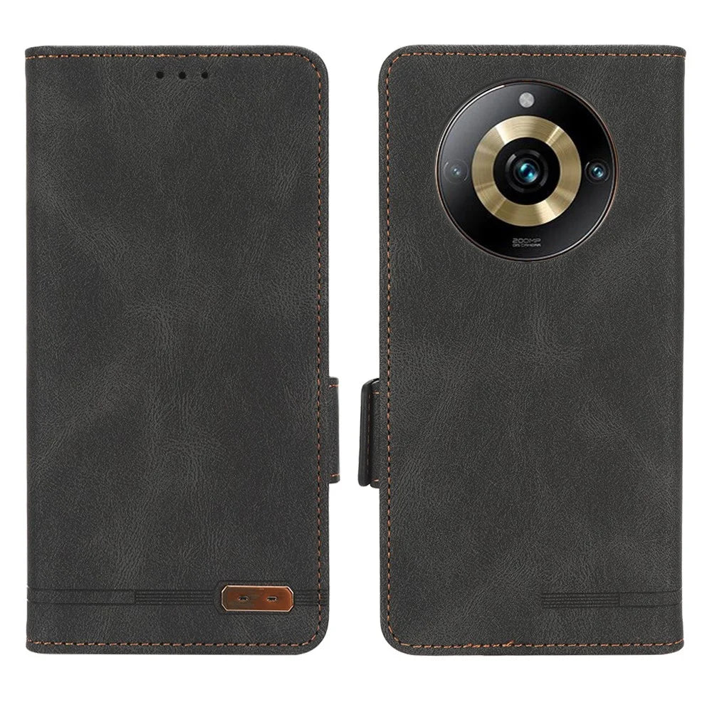 For Realme 11 Pro 5G / 11 Pro+ 5G PU Leather Phone Case Anti-Scratch Hardware Decor Stand Cover Wallet - Black - 1