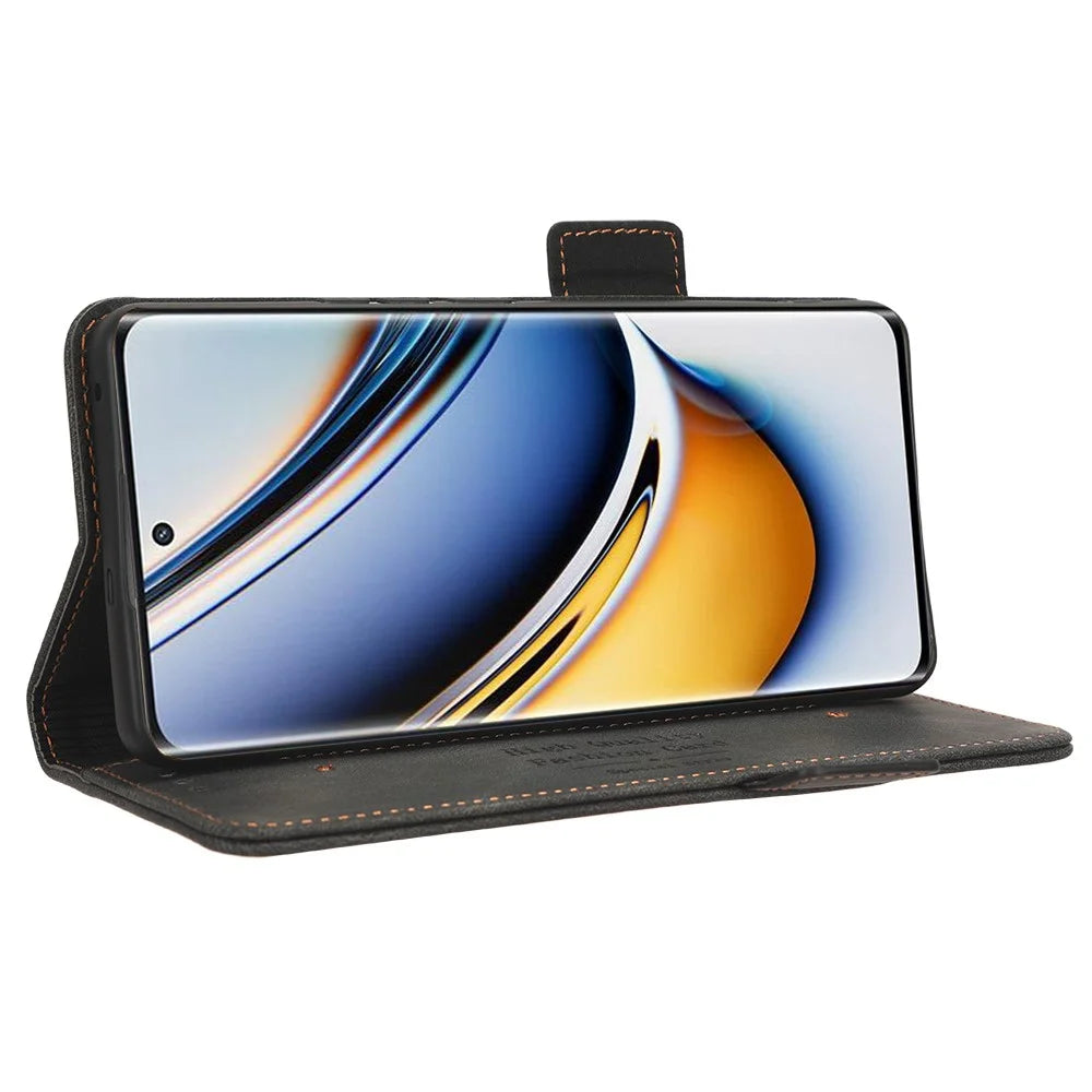 For Realme 11 Pro 5G / 11 Pro+ 5G PU Leather Phone Case Anti-Scratch Hardware Decor Stand Cover Wallet - Black - 3