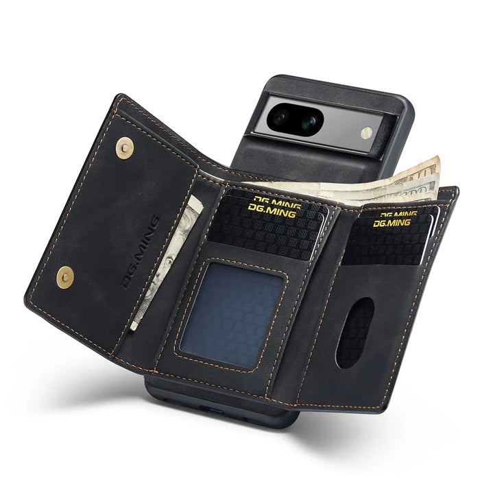 DG.MING M1 Series For Google Pixel 7a Detachable Magnetic Wallet Kickstand Phone Case PC+TPU+PU Leather Back Cover - Black - 2