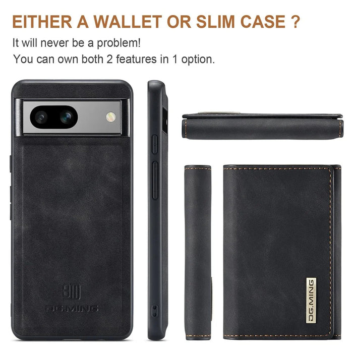 DG.MING M1 Series For Google Pixel 7a Detachable Magnetic Wallet Kickstand Phone Case PC+TPU+PU Leather Back Cover - Black - 4