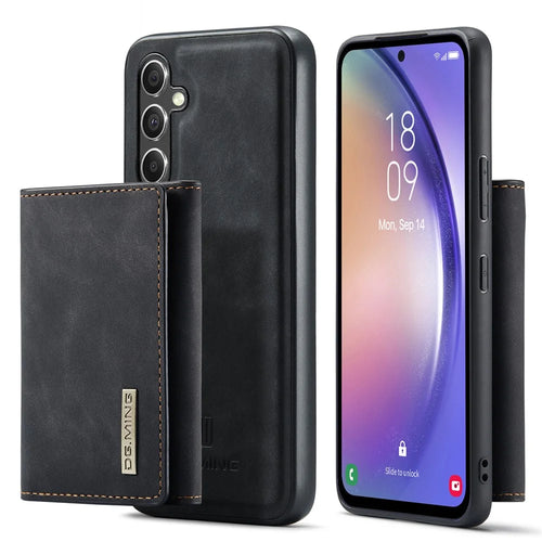 DG.MING M1 Series For Samsung Galaxy A14 5G / A14 4G Magnetic Wallet Kickstand Phone Case PC+TPU Leather Coated Back Cover - Black - 1