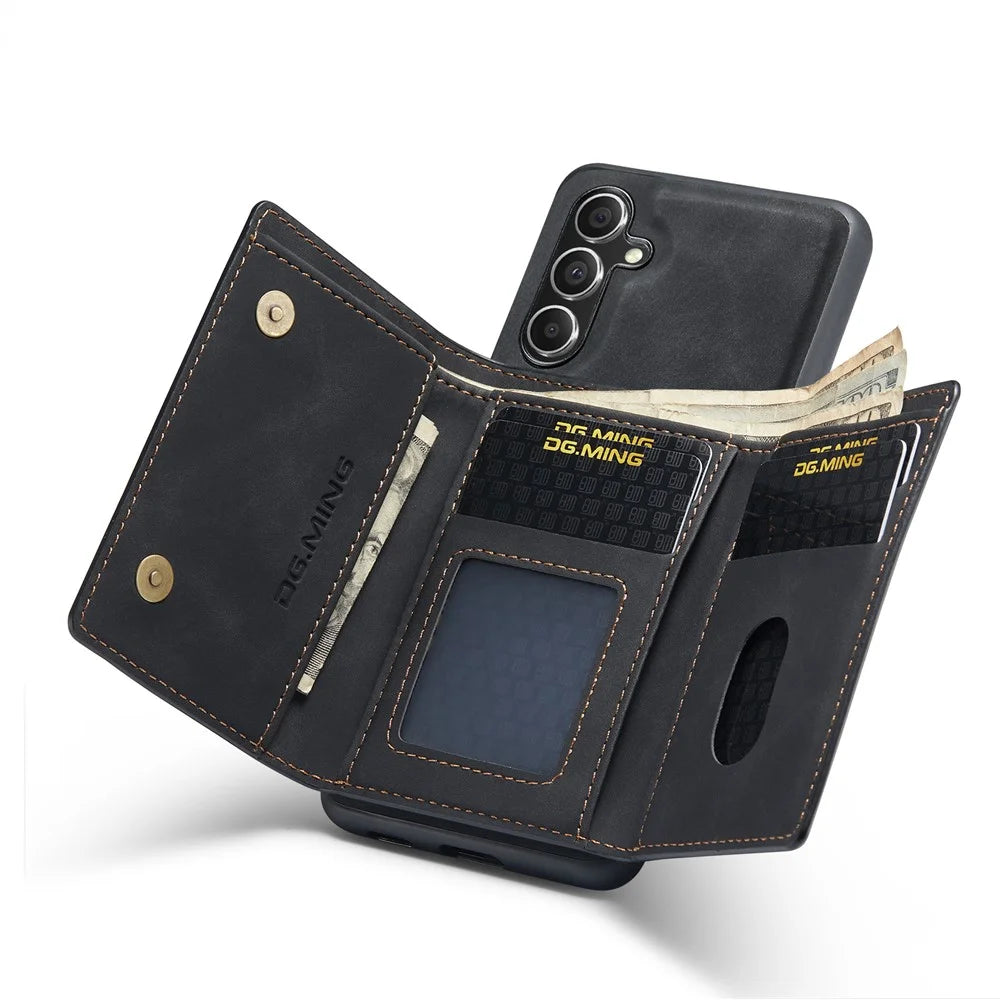 DG.MING M1 Series For Samsung Galaxy A14 5G / A14 4G Magnetic Wallet Kickstand Phone Case PC+TPU Leather Coated Back Cover - Black - 2