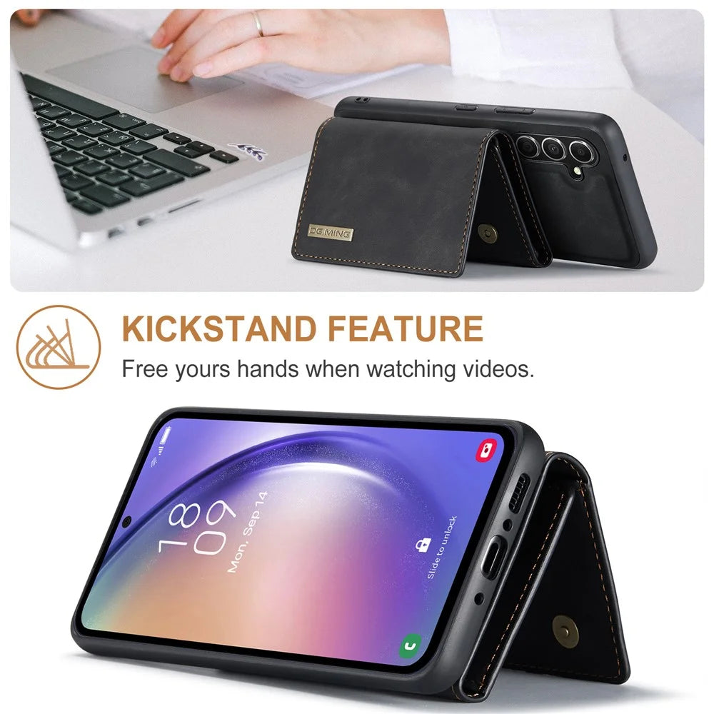 DG.MING M1 Series For Samsung Galaxy A14 5G / A14 4G Magnetic Wallet Kickstand Phone Case PC+TPU Leather Coated Back Cover - Black - 5