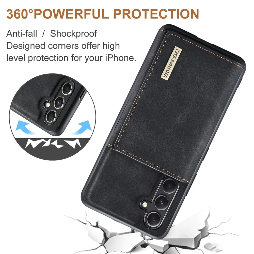 DG.MING M1 Series For Samsung Galaxy A14 5G / A14 4G Magnetic Wallet Kickstand Phone Case PC+TPU Leather Coated Back Cover - Black - 6