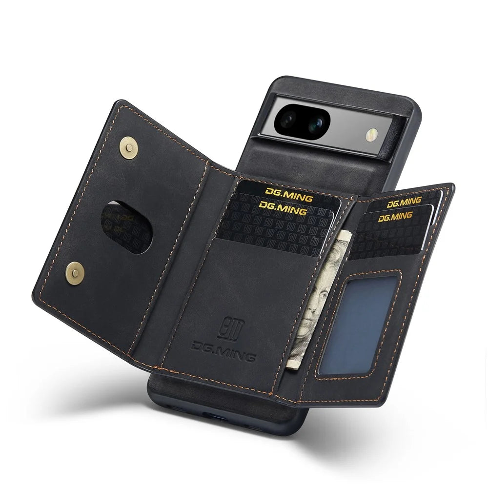DG.MING M2 Series for Google Pixel 7a Detachable Back Cover PU Leather Coated PC+TPU Kickstand Wallet Phone Case - Black - 3