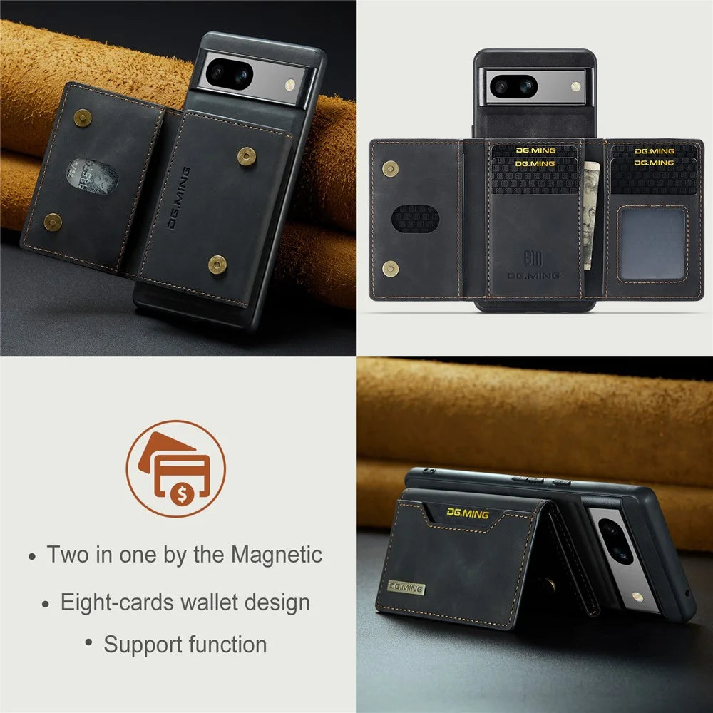 DG.MING M2 Series for Google Pixel 7a Detachable Back Cover PU Leather Coated PC+TPU Kickstand Wallet Phone Case - Black - 4