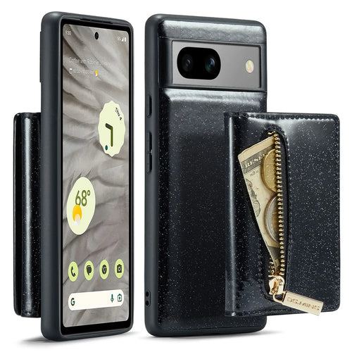 DG.MING M3 Series For Google Pixel 7a Glittery PU Leather Coated PC+TPU Back Case with Magnetic Detachable Wallet - Black - 1