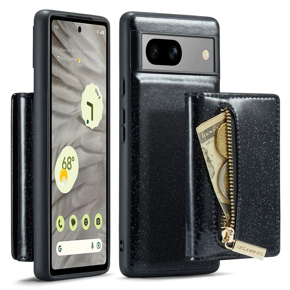 DG.MING M3 Series For Google Pixel 7a Glittery PU Leather Coated PC+TPU Back Case with Magnetic Detachable Wallet - Black - 1