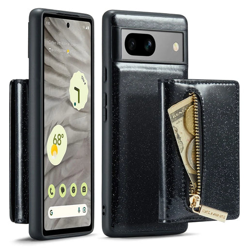 DG.MING M3 Series For Google Pixel 7a Glittery PU Leather Coated PC+TPU Back Case with Magnetic Detachable Wallet - Black - 1