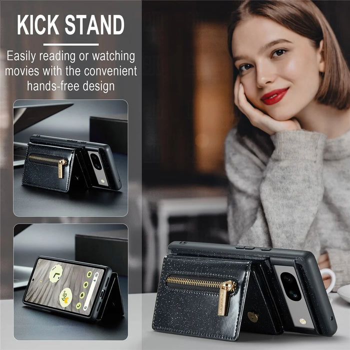DG.MING M3 Series For Google Pixel 7a Glittery PU Leather Coated PC+TPU Back Case with Magnetic Detachable Wallet - Black - 4