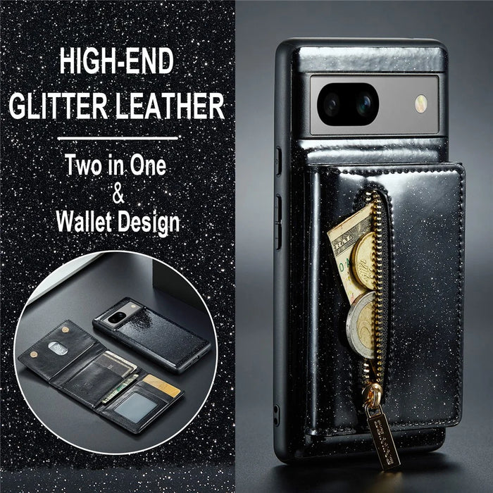 DG.MING M3 Series For Google Pixel 7a Glittery PU Leather Coated PC+TPU Back Case with Magnetic Detachable Wallet - Black - 5
