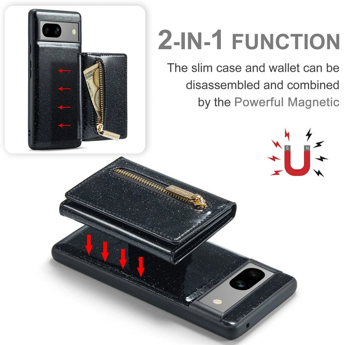 DG.MING M3 Series For Google Pixel 7a Glittery PU Leather Coated PC+TPU Back Case with Magnetic Detachable Wallet - Black - 6