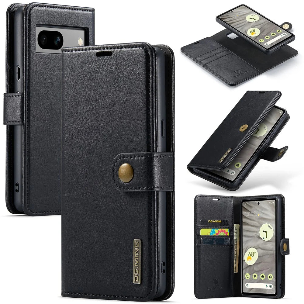 DG.MING For Google Pixel 7a Detachable Magnetic Phone Case Split Leather Wallet Stand  Cover - Black - 1