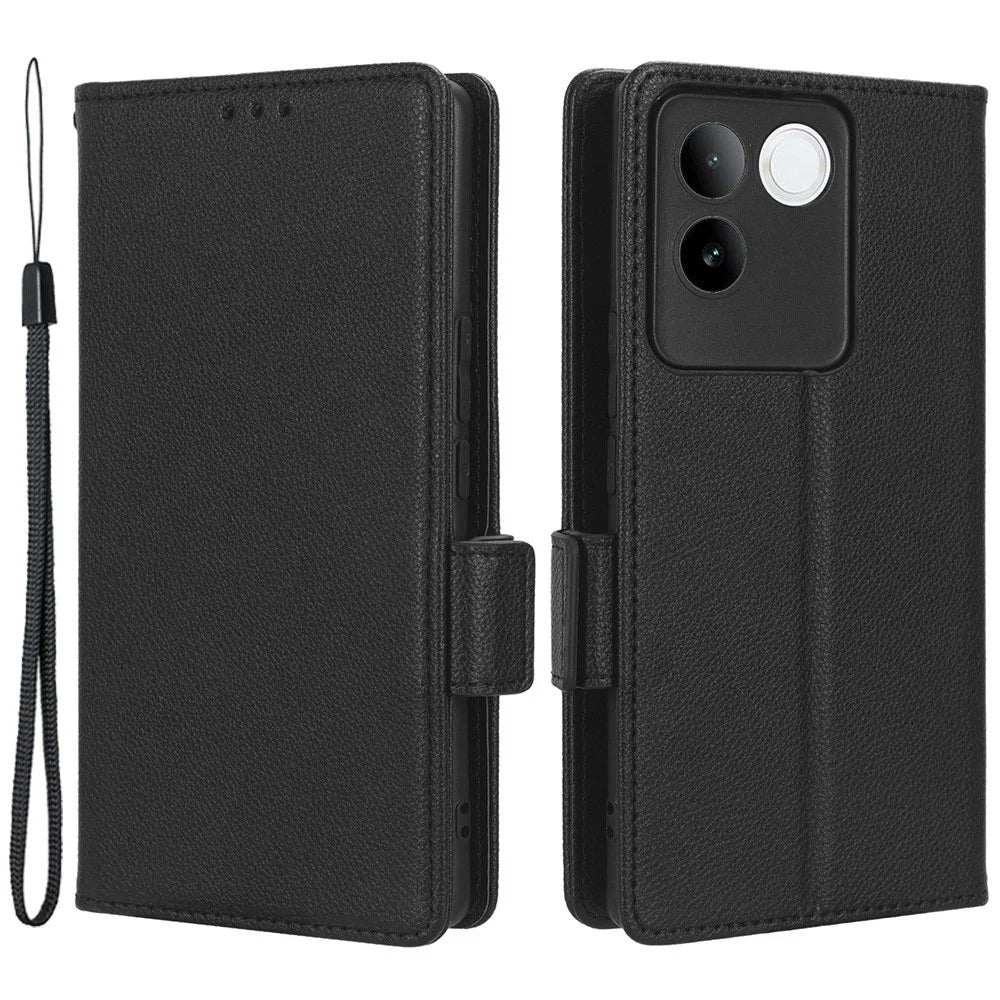 Phone Leather Case for vivo S17e 5G , Litchi Texture Wallet Stand Folio Flip Cell Phone Cover - Black - 1