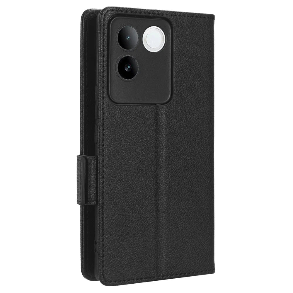 Phone Leather Case for vivo S17e 5G , Litchi Texture Wallet Stand Folio Flip Cell Phone Cover - Black - 7