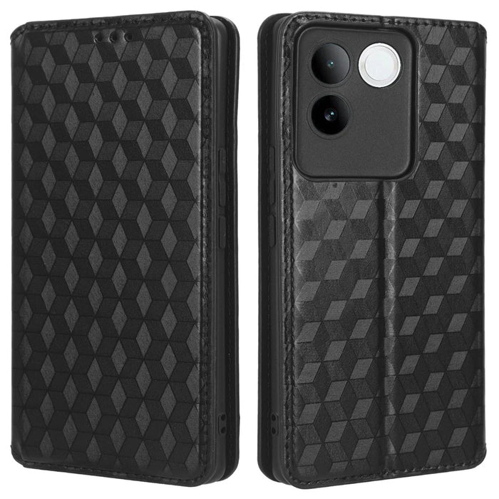 For vivo S17e 5G PU Leather Stand Case Shockproof Rhombus Imprinted Phone Cover - Black - 1