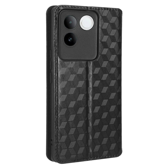 For vivo S17e 5G PU Leather Stand Case Shockproof Rhombus Imprinted Phone Cover - Black - 6