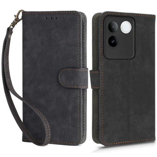 For vivo S17e 5G Drop Proof Wallet Cover RFID Blocking PU Leather Stand Phone Case with Strap - Black - 1