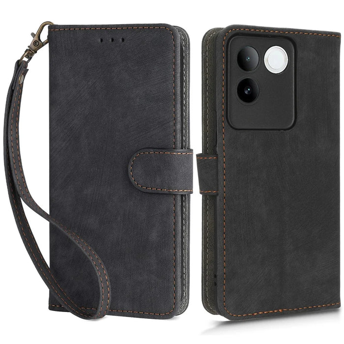 For vivo S17e 5G Drop Proof Wallet Cover RFID Blocking PU Leather Stand Phone Case with Strap - Black - 1