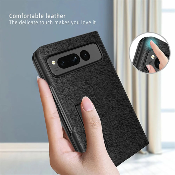 For Google Pixel Fold Hinge Protection PU Leather+PC Cover  Kickstand Phone Case - Litchi Texture / Black - 6