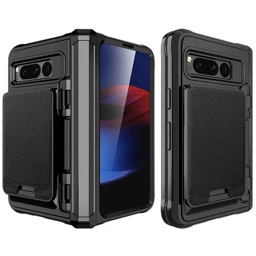 For Google Pixel Fold PU Leather PC+TPU Phone Case Hinge Protection Card Slot Cover with Tempered Glass Film - Black - 1