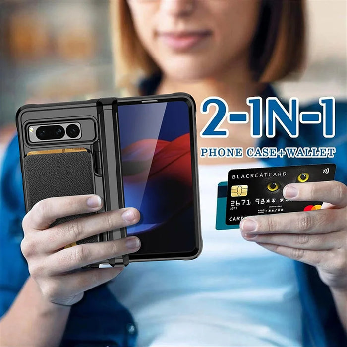 For Google Pixel Fold PU Leather PC+TPU Phone Case Hinge Protection Card Slot Cover with Tempered Glass Film - Black - 2
