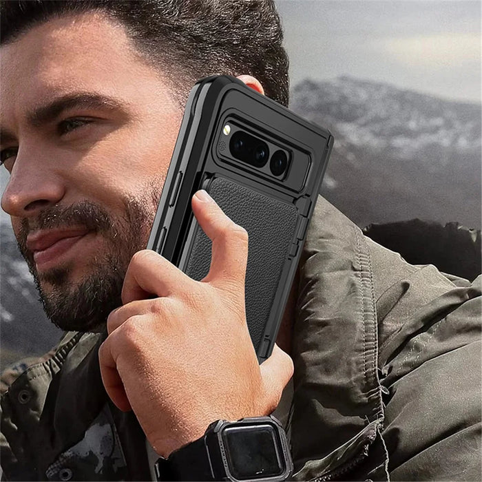 For Google Pixel Fold PU Leather PC+TPU Phone Case Hinge Protection Card Slot Cover with Tempered Glass Film - Black - 6