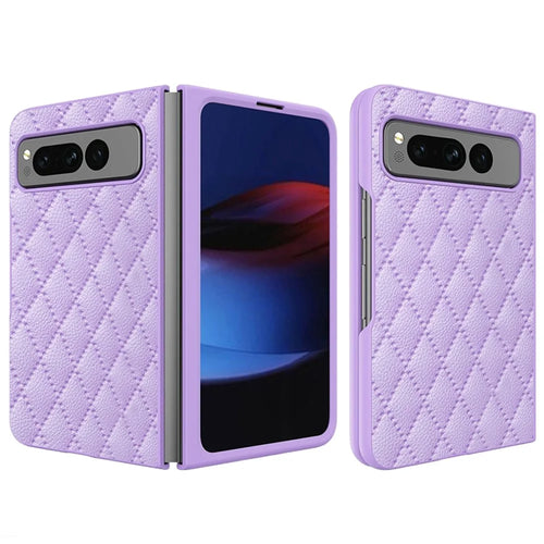 For Google Pixel Fold PU Leather+PC Phone Case Rhombus Texture Imprinted Hinge Protection Cover - Purple - 1