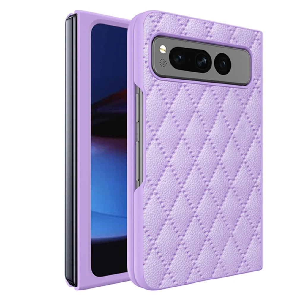 For Google Pixel Fold PU Leather+PC Phone Case Rhombus Texture Imprinted Hinge Protection Cover - Purple - 2