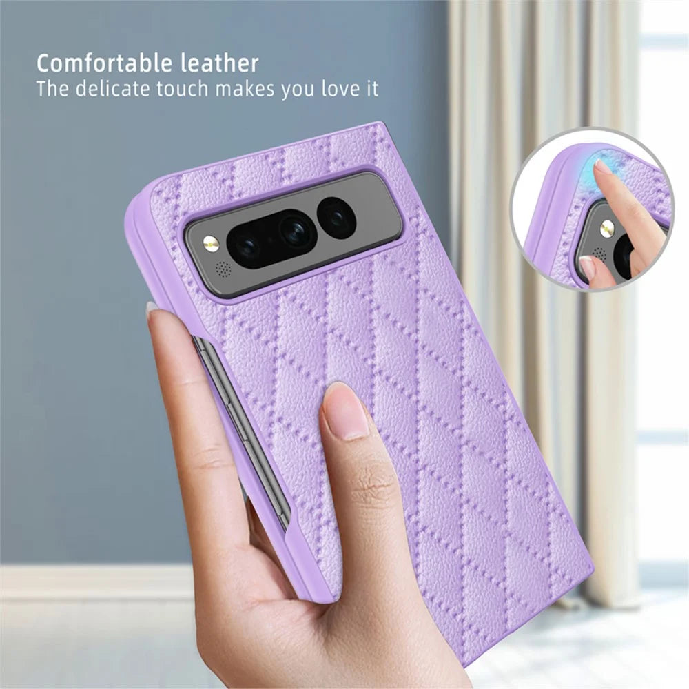 For Google Pixel Fold PU Leather+PC Phone Case Rhombus Texture Imprinted Hinge Protection Cover - Purple - 3