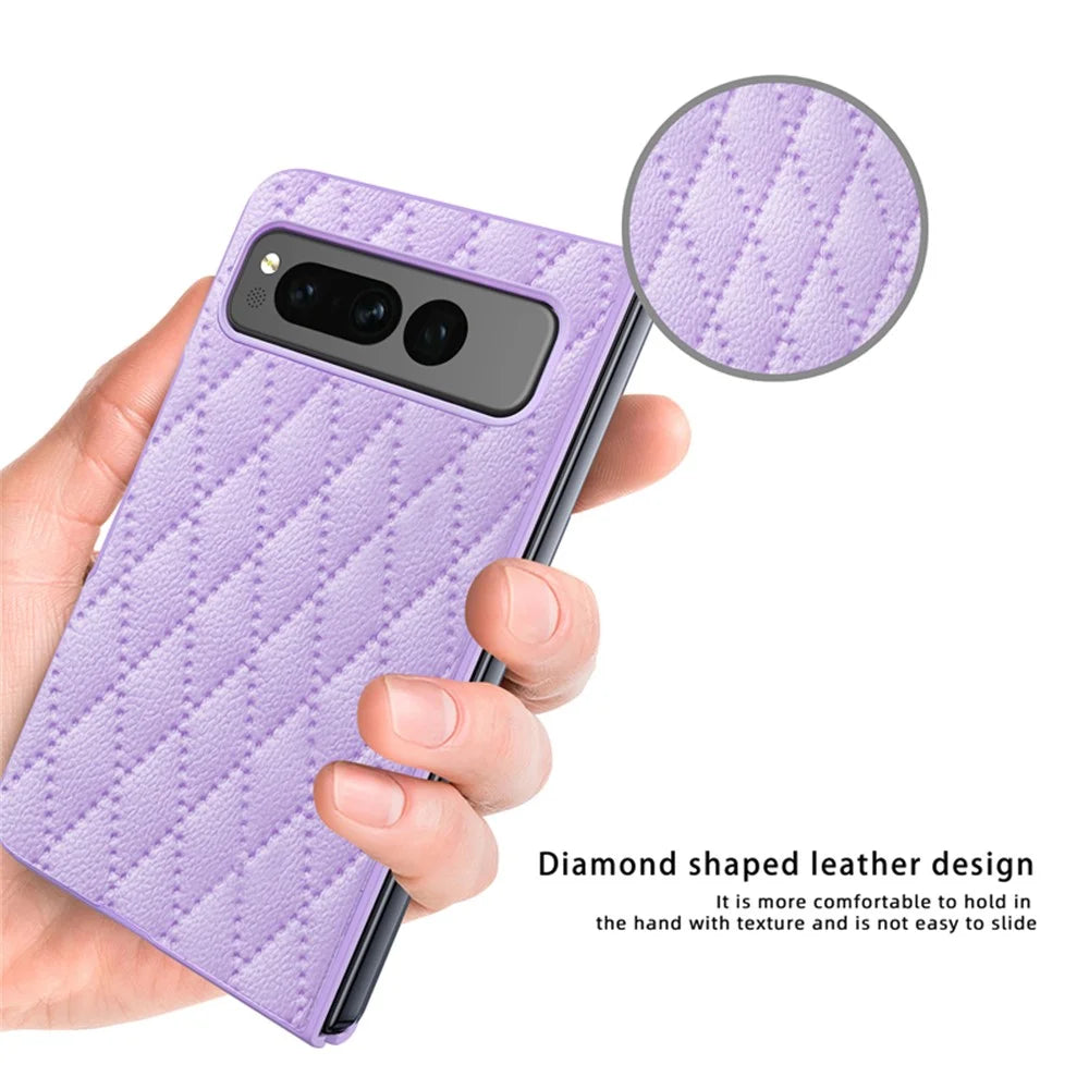 For Google Pixel Fold PU Leather+PC Phone Case Rhombus Texture Imprinted Hinge Protection Cover - Purple - 4