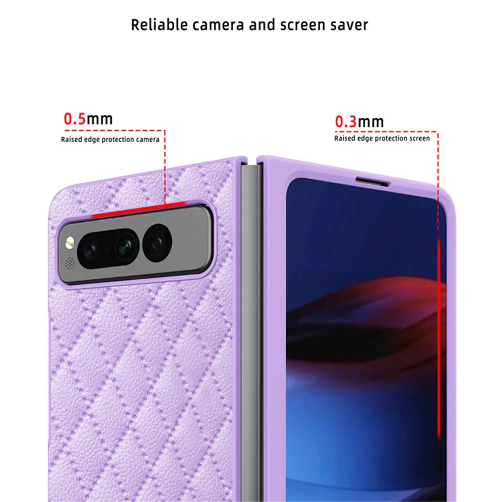 For Google Pixel Fold PU Leather+PC Phone Case Rhombus Texture Imprinted Hinge Protection Cover - Purple - 5