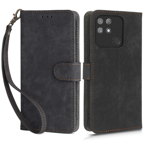 For Realme Narzo 50A RFID Blocking PU Leather Stand Case Drop Proof Phone Wallet Cover with Strap - Black - 1