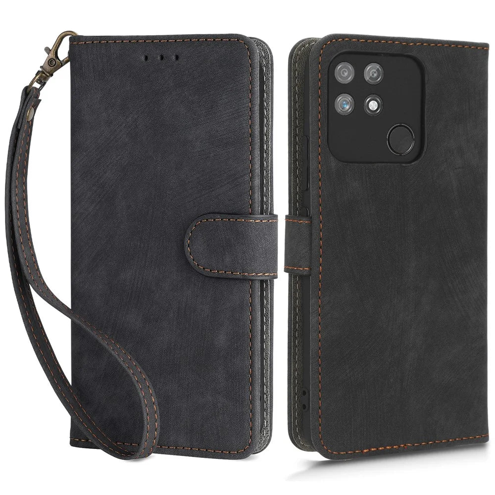 For Realme Narzo 50A RFID Blocking PU Leather Stand Case Drop Proof Phone Wallet Cover with Strap - Black - 1