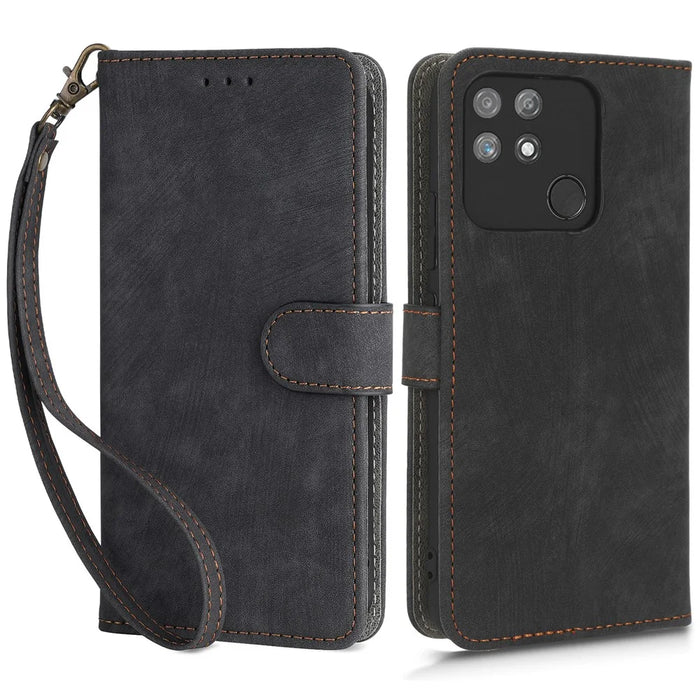 For Realme Narzo 50A RFID Blocking PU Leather Stand Case Drop Proof Phone Wallet Cover with Strap - Black - 1
