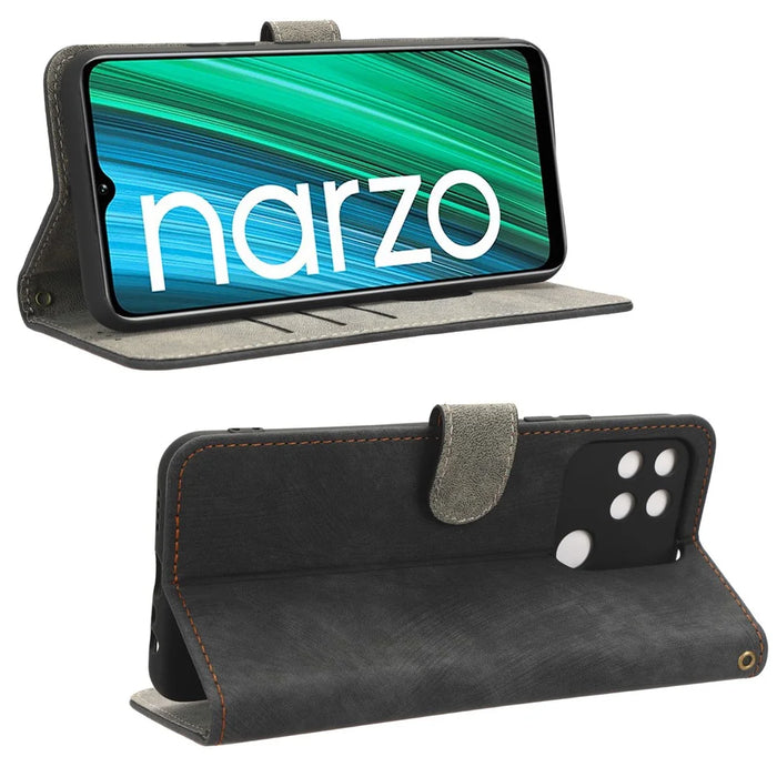 For Realme Narzo 50A RFID Blocking PU Leather Stand Case Drop Proof Phone Wallet Cover with Strap - Black - 3
