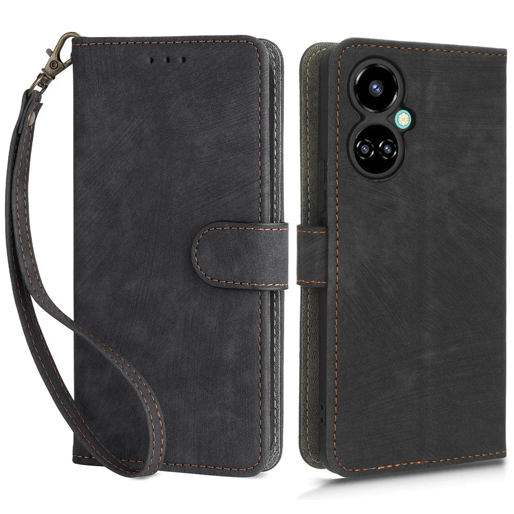 Stand Case for TECNO Camon 19 4G CI6n RFID Blocking PU Leather Phone Wallet Cover with Strap - Black - 1