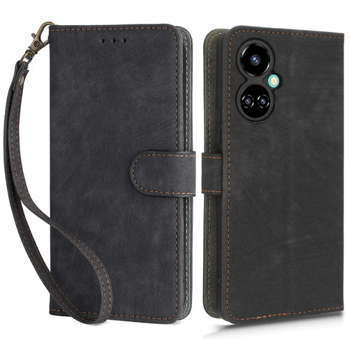 Stand Case for TECNO Camon 19 4G CI6n RFID Blocking PU Leather Phone Wallet Cover with Strap - Black - 1