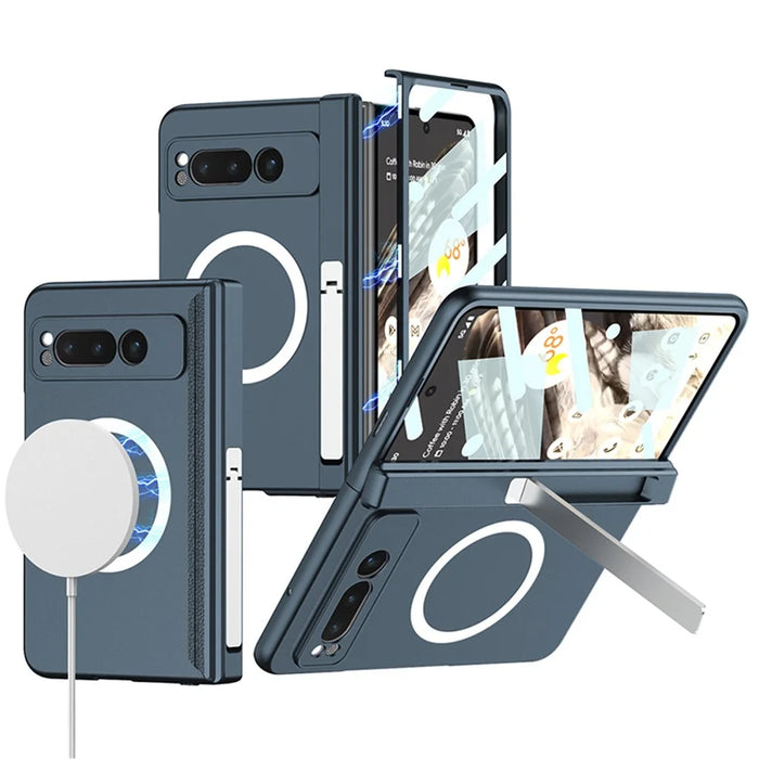 For Google Pixel Fold Magnetic Phone Case PC Kickstand Phone Cover with Tempered Glass Screen Film - Green - 1