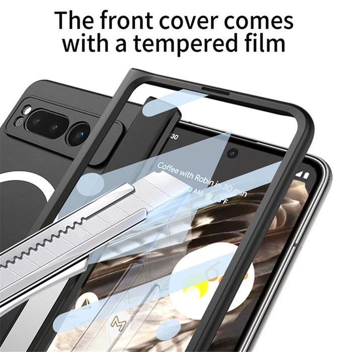 For Google Pixel Fold Magnetic Phone Case PC Kickstand Phone Cover with Tempered Glass Screen Film - Green - 5