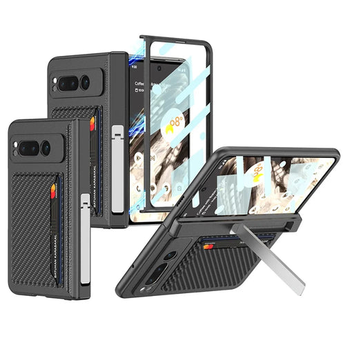 For Google Pixel Fold PU Leather+PC Cars Slot Phone Case Magnetic Hinde Protection Kickstand Cover with Tempered Glass Screen Film - Carbon Fiber Texture / Black - 1