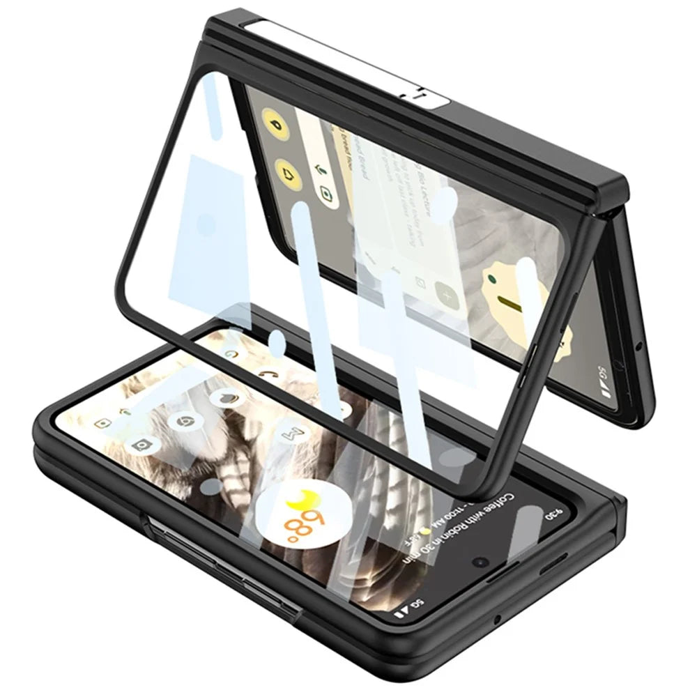 For Google Pixel Fold PU Leather+PC Cars Slot Phone Case Magnetic Hinde Protection Kickstand Cover with Tempered Glass Screen Film - Carbon Fiber Texture / Black - 2