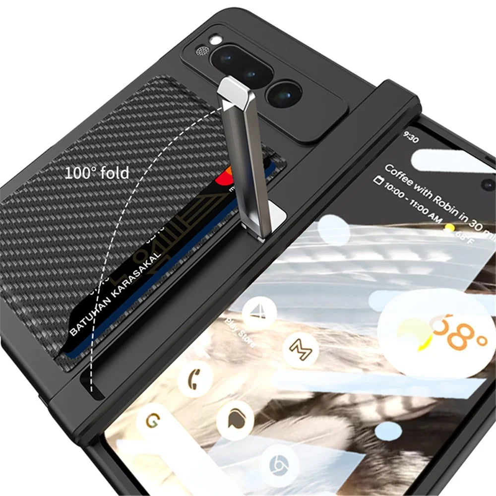For Google Pixel Fold PU Leather+PC Cars Slot Phone Case Magnetic Hinde Protection Kickstand Cover with Tempered Glass Screen Film - Carbon Fiber Texture / Black - 3