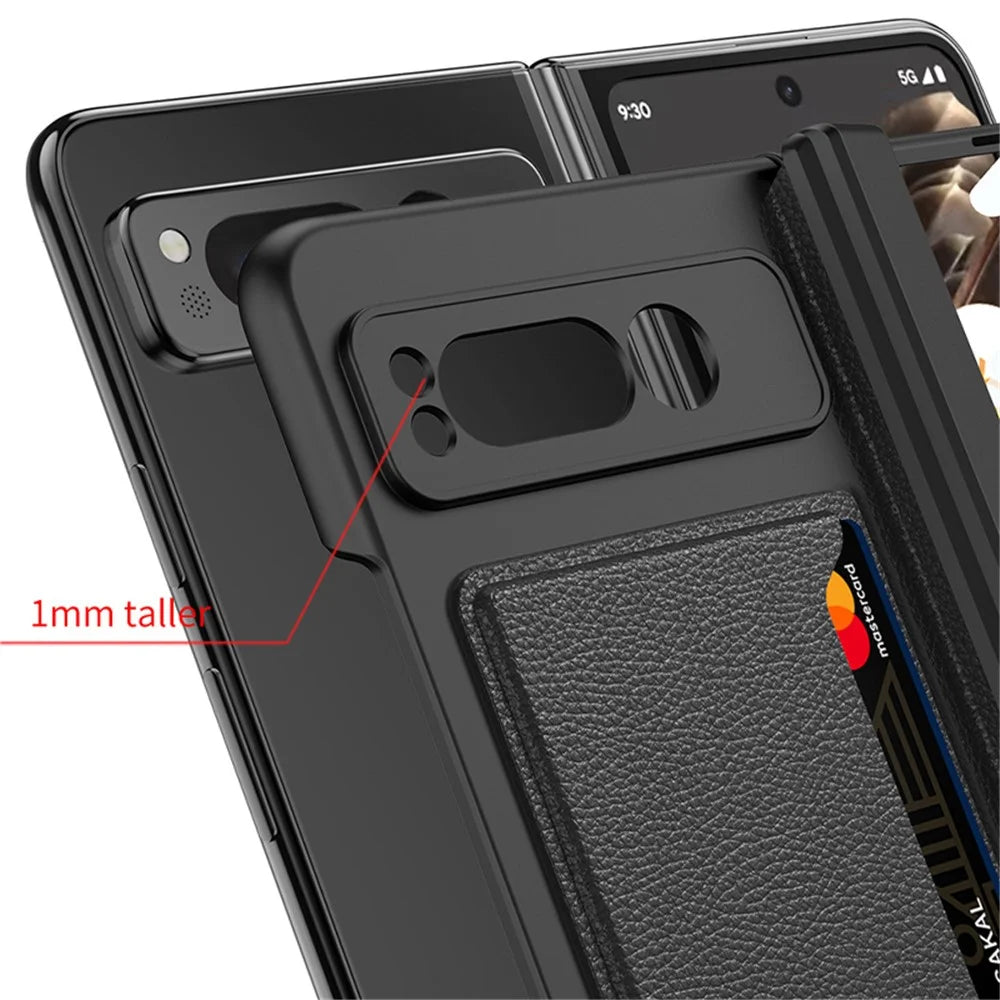 For Google Pixel Fold PU Leather+PC Cars Slot Phone Case Magnetic Hinde Protection Kickstand Cover with Tempered Glass Screen Film - Carbon Fiber Texture / Black - 4