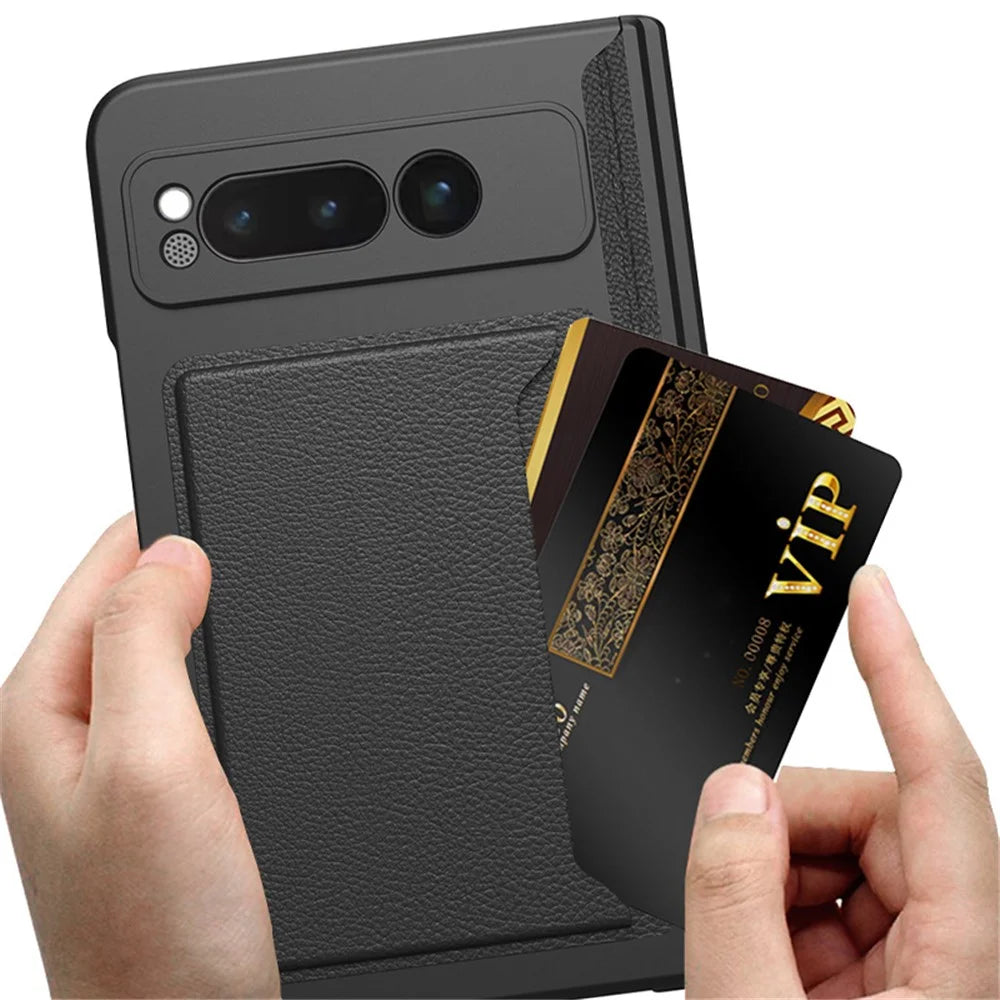For Google Pixel Fold PU Leather+PC Cars Slot Phone Case Magnetic Hinde Protection Kickstand Cover with Tempered Glass Screen Film - Carbon Fiber Texture / Black - 5