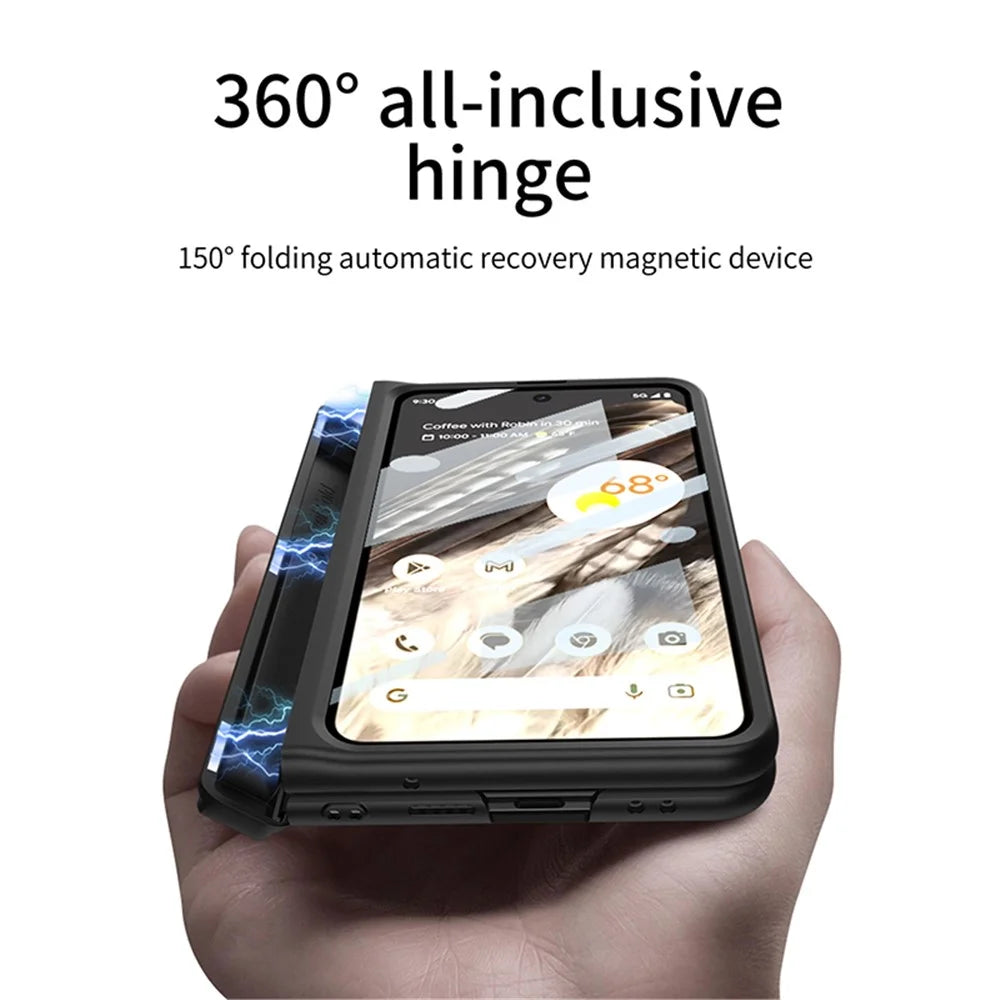 For Google Pixel Fold PU Leather+PC Cars Slot Phone Case Magnetic Hinde Protection Kickstand Cover with Tempered Glass Screen Film - Carbon Fiber Texture / Black - 6