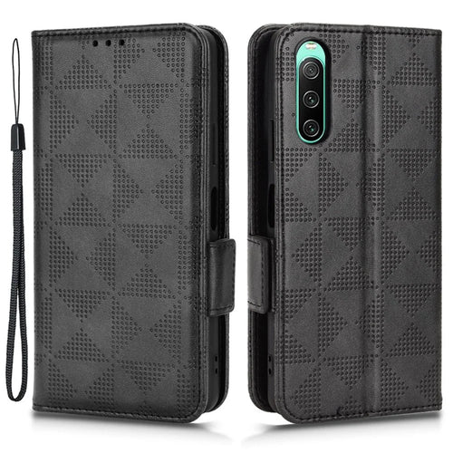 For Sony Xperia 10 V PU Leather Wallet Case Imprinted Triangle Phone Cover with Stand - Black - 1