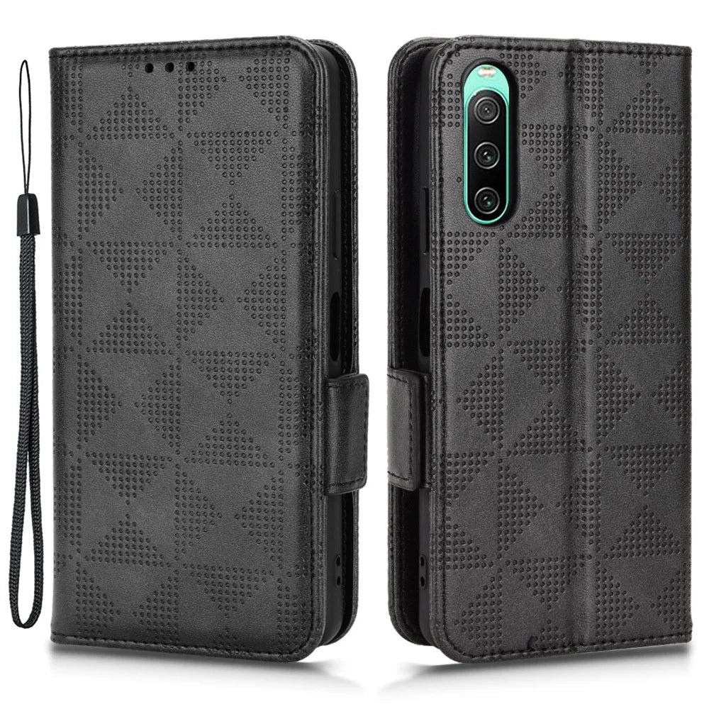 For Sony Xperia 10 V PU Leather Wallet Case Imprinted Triangle Phone Cover with Stand - Black - 1
